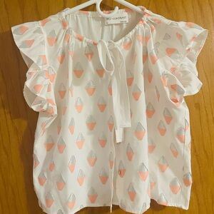 NWOT Self Contrast White Ruffle Sleeve Blouse with Pink & Silver Motif